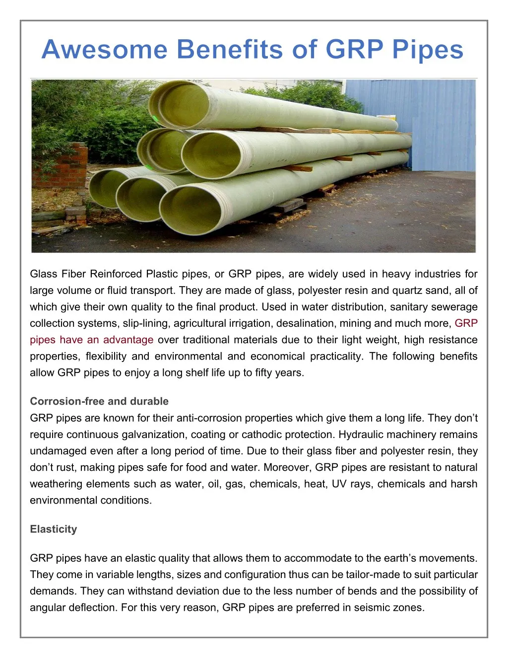 glass fiber reinforced plastic pipes or grp pipes