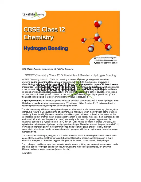 NCERT Chemistry Class 12-Online-Notes-Solutions-Hydrogen Bonding