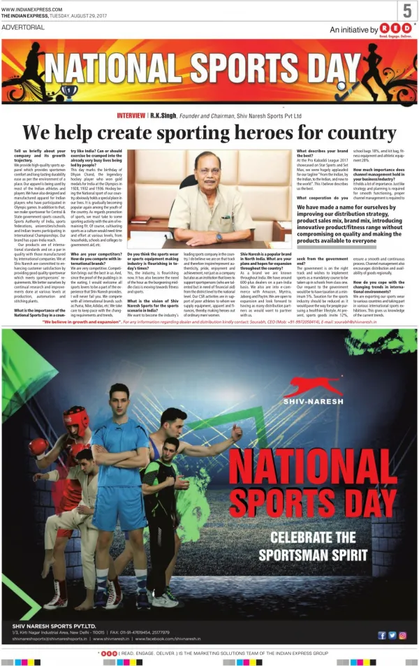 Shiv-Naresh's Founder Mr. R.K. Singh interviewed by Indian Express on the occasion of National Sports Day