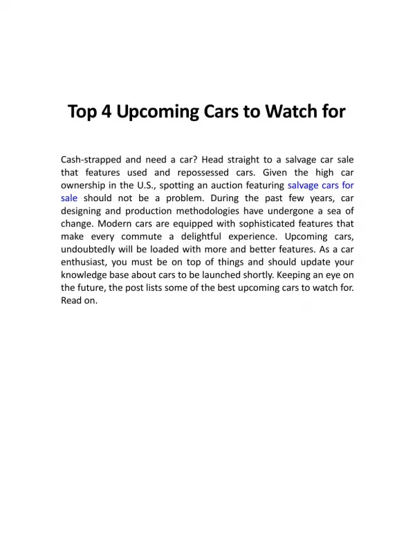 Top 4 Upcoming Cars to Watch for