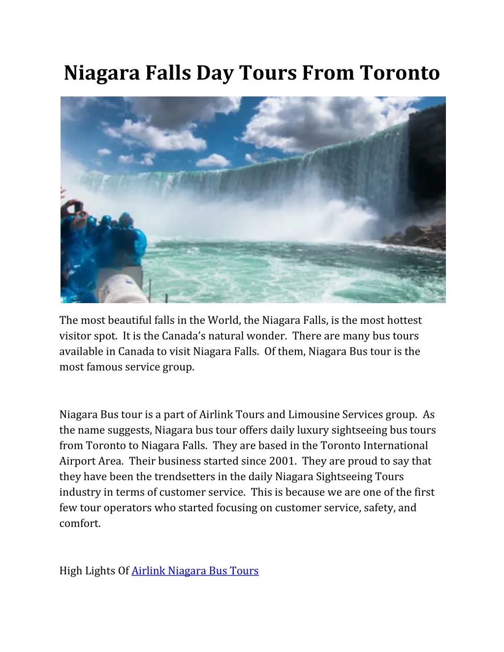 niagara falls day tours from toronto