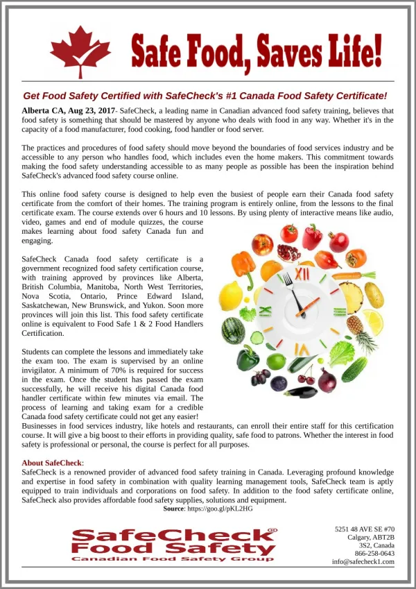 Get Food Safety Certified with SafeCheck's #1 Canada Food Safety Certificate!