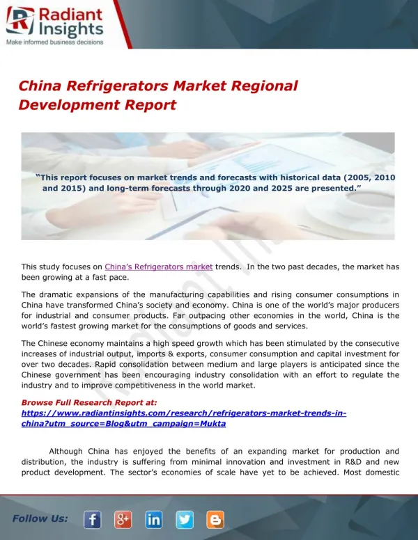 China Refrigerators Market Regional Development Report