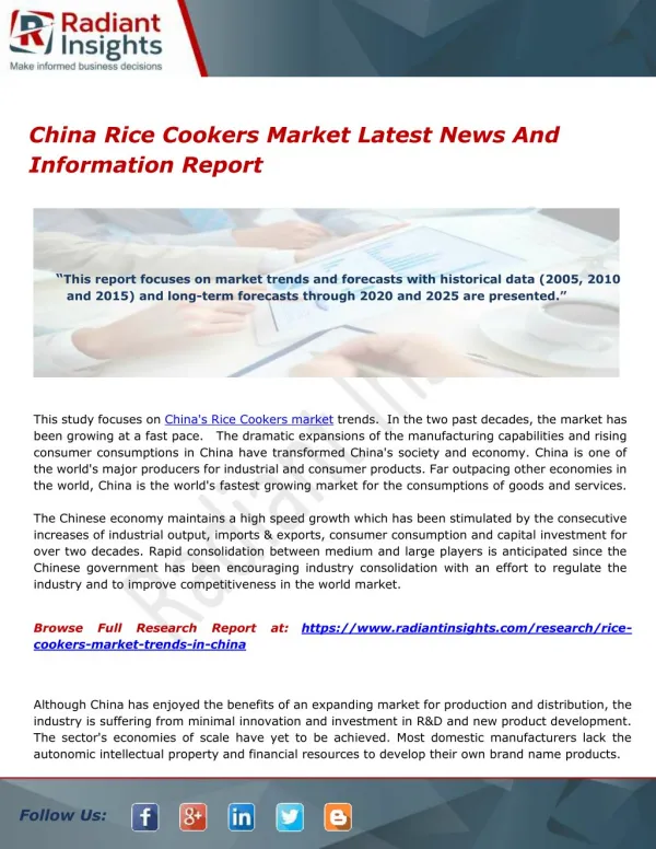 China Rice Cookers Market Latest News And Information Report