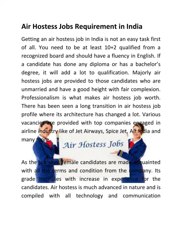 Air Hostess Jobs Requirement in India