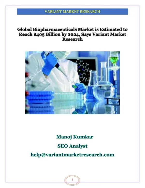 Global Biopharmaceuticals Market is Estimated to Reach $405 Billion by 2024
