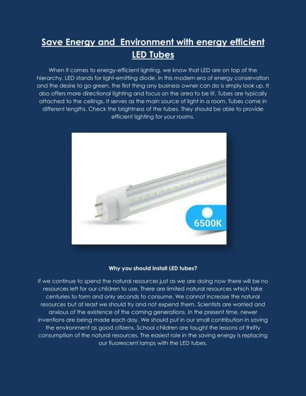Save Energy and Save Environment with energy efficient lighting LED Tubes