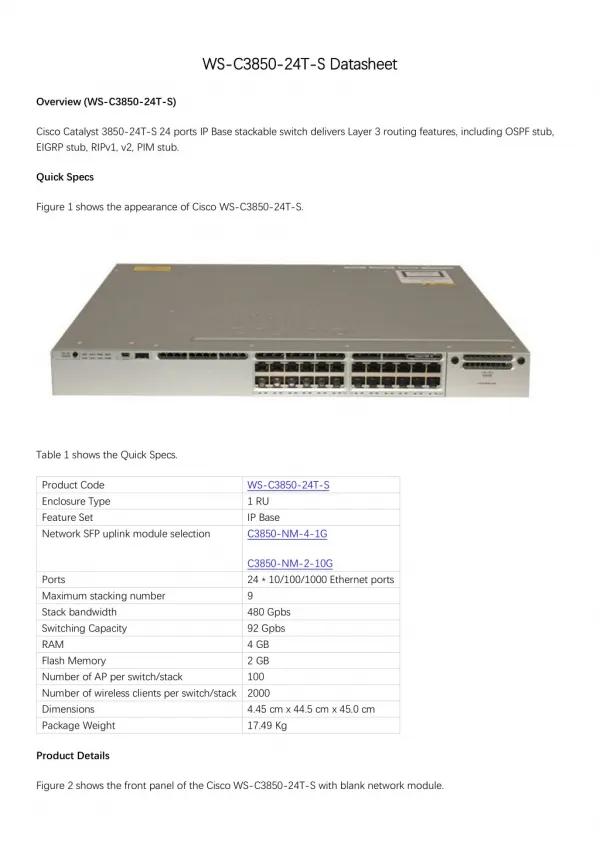 Cisco Catalyst 3850-24T-S Datasheet