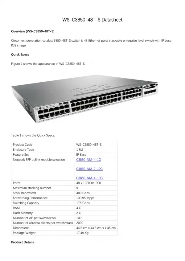 Cisco Catalyst 3850-48T-S Datasheet