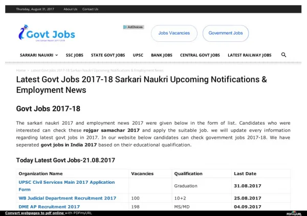 Latest Govt Jobs 2017-18 Sarkari Naukri Upcoming Notifications & Employment News