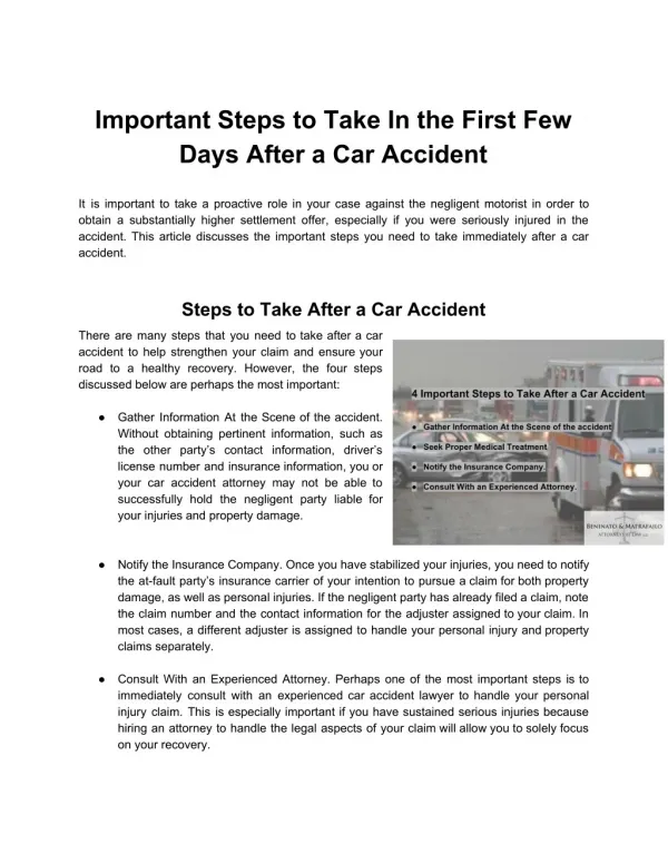 Important Steps to Take In the First Few Days After a Car Accident
