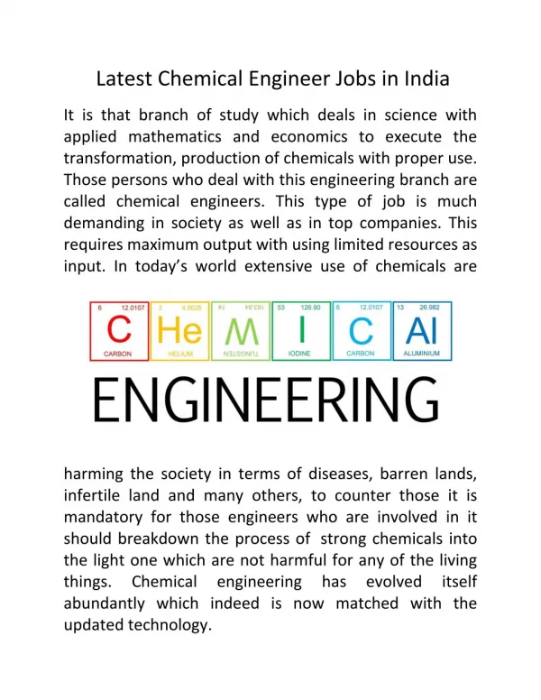 Latest Chemical Engineer Jobs in India