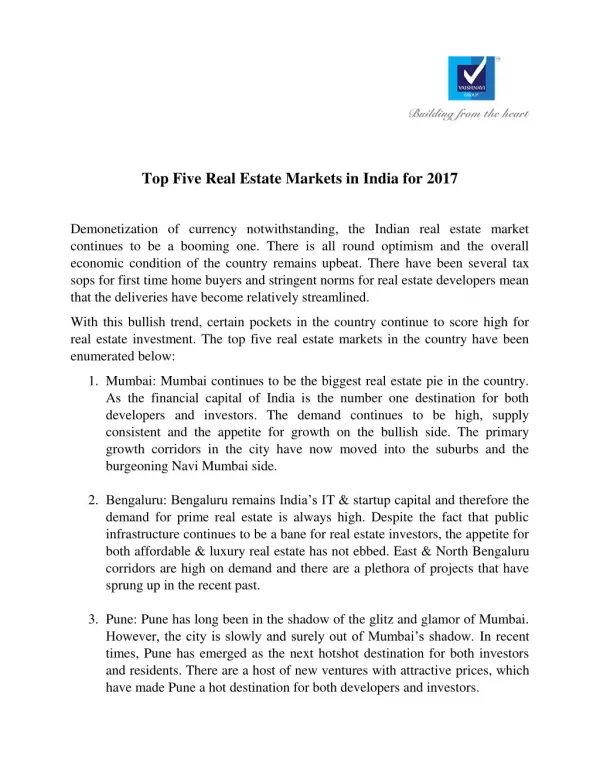 Top Five Real Estate Markets in India for 2017