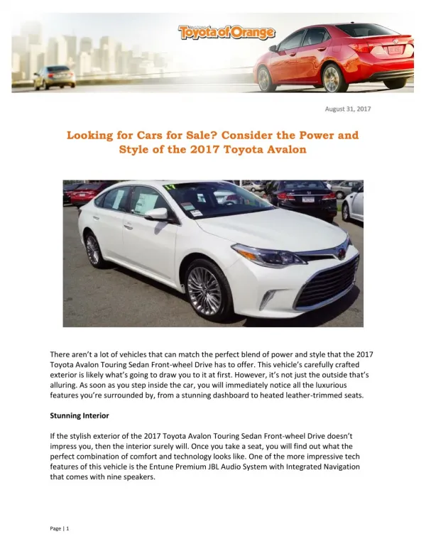 Looking for Cars for Sale? Consider the Power and Style of the 2017 Toyota Avalon