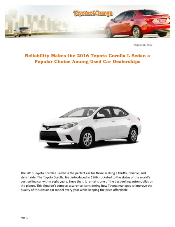 Reliability Makes the 2016 Toyota Corolla L Sedan a Popular Choice Among Used Car Dealerships
