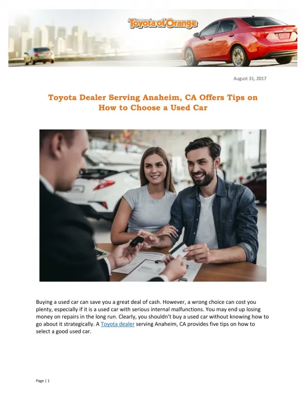 Toyota Dealer Serving Anaheim, CA Offers Tips on How to Choose a Used Car