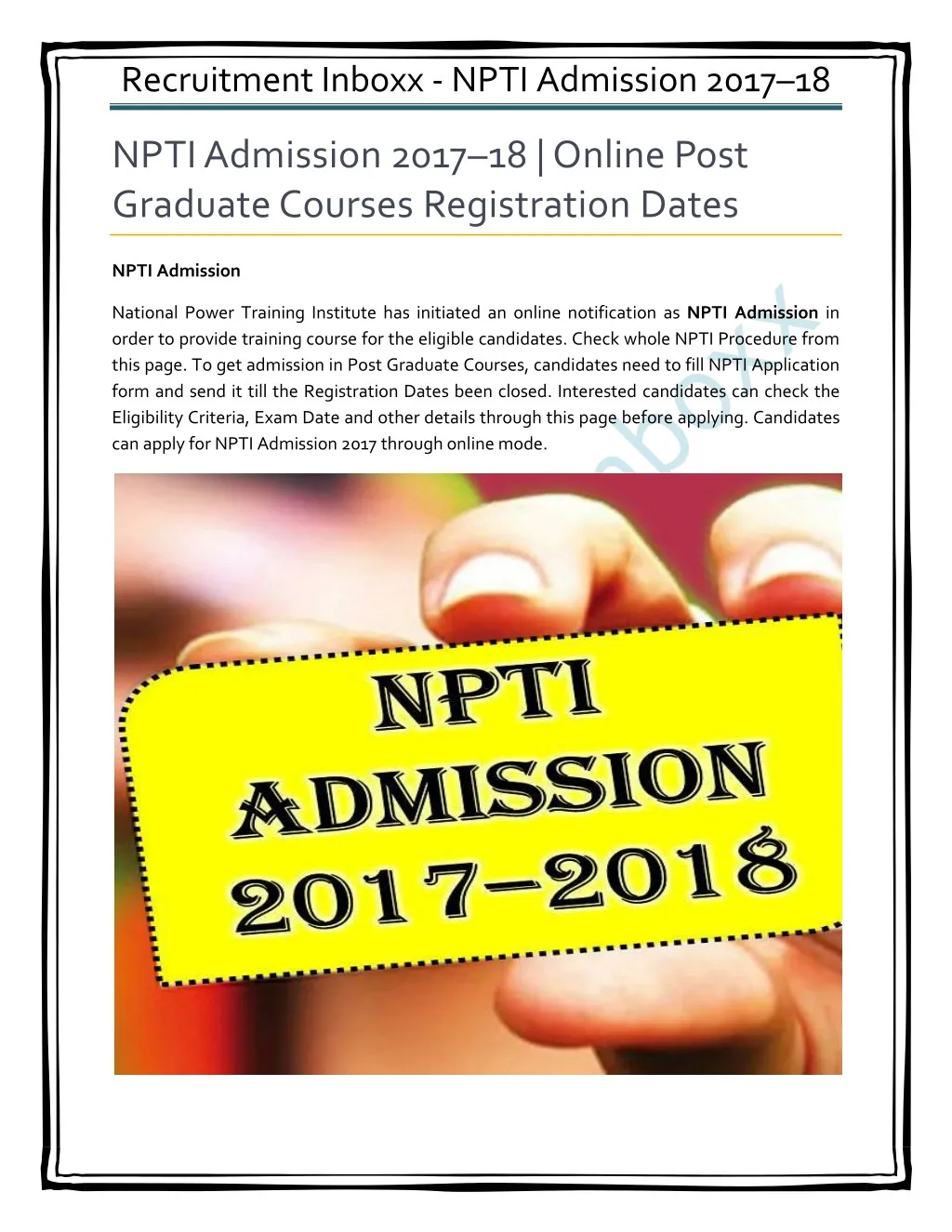recruitment inboxx npti admission 2017 18