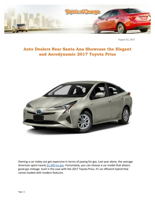 Auto Dealers Near Santa Ana Showcase the Elegant and Aerodynamic 2017 Toyota Prius