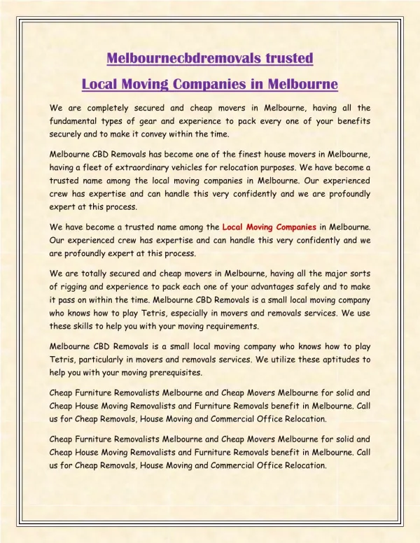 Melbournecbdremovals trusted Local Moving Companies in Melbourne