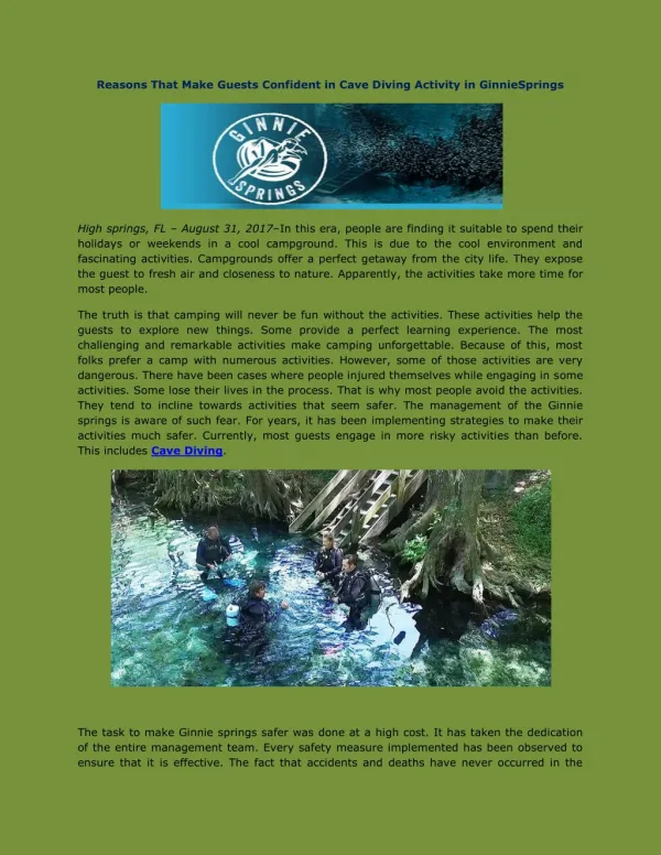 Reasons That Make Guests Confident in Cave Diving Activity in GinnieSprings