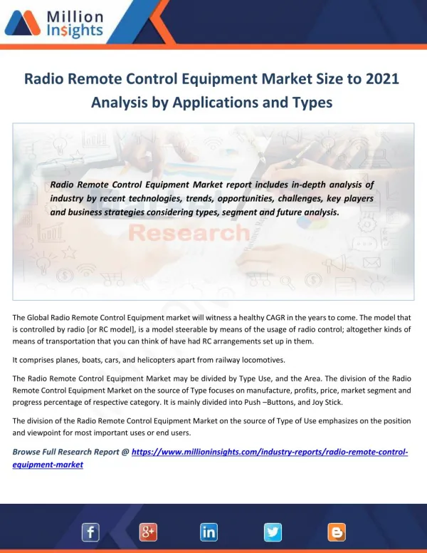 Radio Remote Control Equipment Market Analysis of Sales, Revenue, Share and Growth Rate to 2021