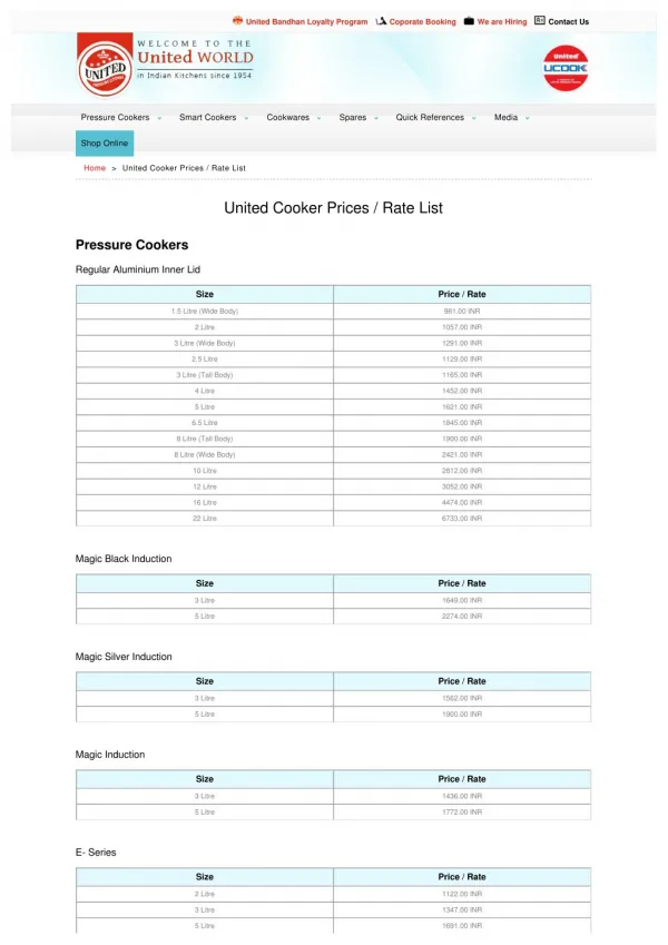 United Pressure cookers Price list / Rate List
