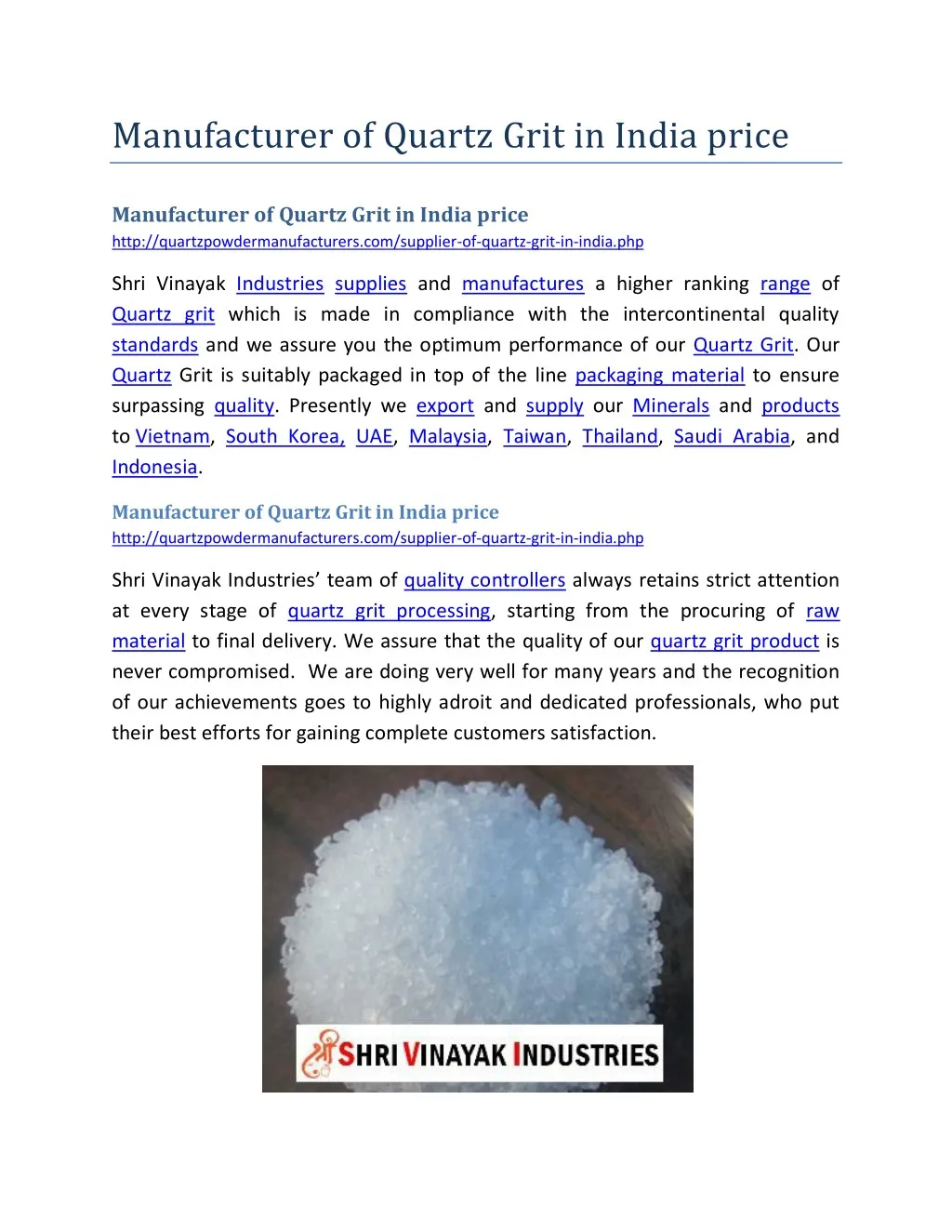 manufacturer of quartz grit in india price