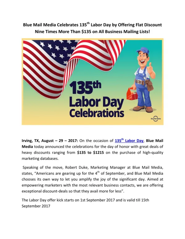 Blue Mail Media Announces Great Offer on 135th Labor Day