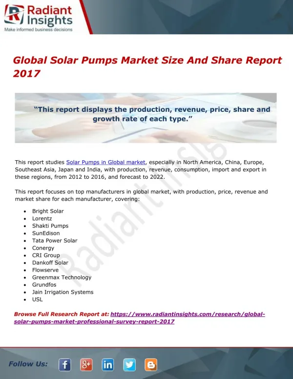 Global Solar Pumps Market Size And Share Report 2017