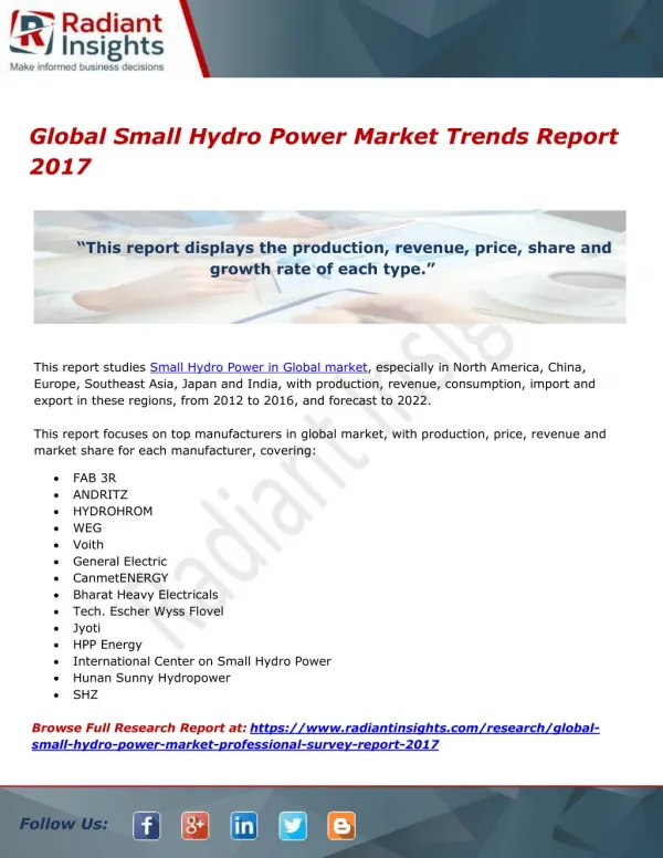 Global Small Hydro Power Market Trends Report 2017