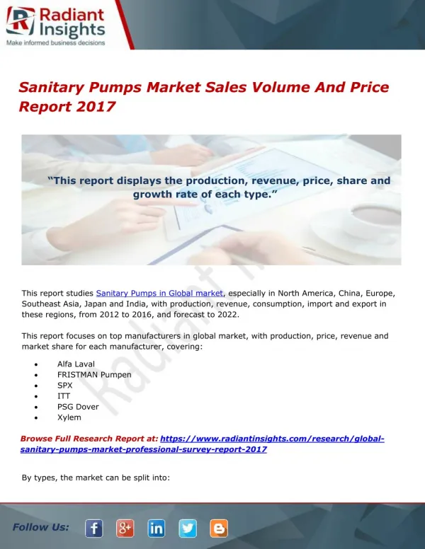Sanitary Pumps Market Sales Volume And Price Report 2017