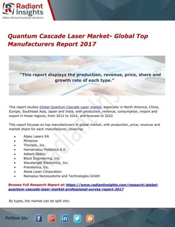 Quantum Cascade Laser Market- Global Top Manufacturers Report 2017