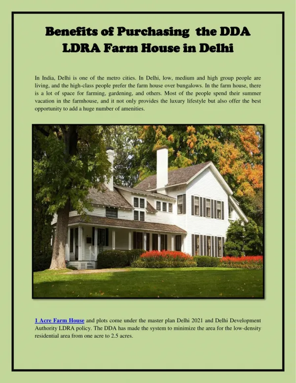 Benefits of Purchasing the DDA LDRA Farm House in Delhi