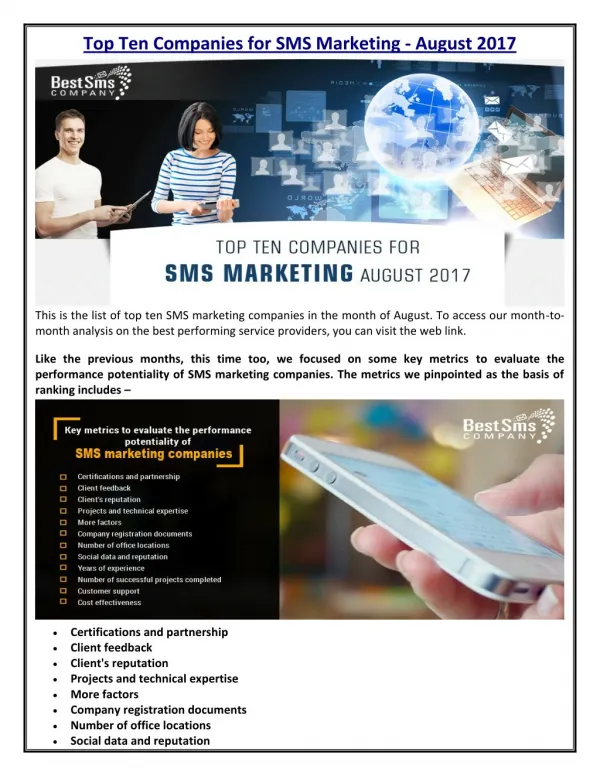 Top Ten Companies for SMS Marketing - August 2017