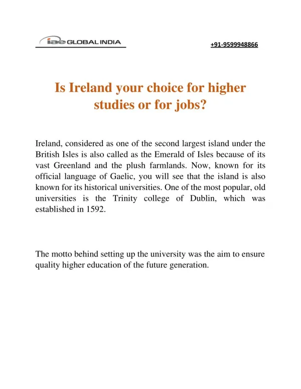 Is Ireland your choice for higher studies or for jobs?