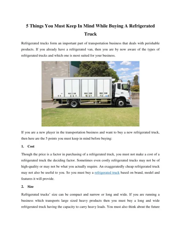 Important Things You Need to Consider While Buying A Refrigerated Truck