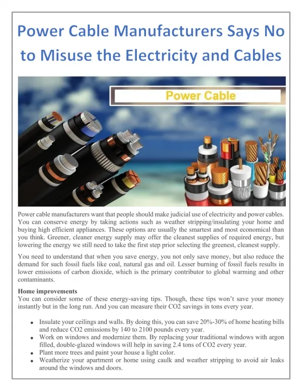Power Cable Manufacturers Says No to Misuse the Electricity and Cables