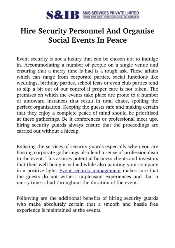 Hire Security Personnel And Organise Social Events In Peace