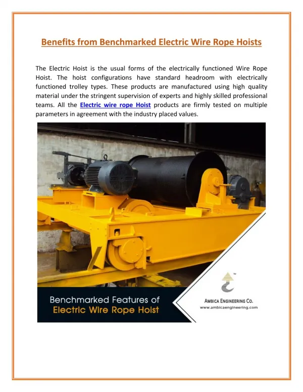 Electric Wire Rope Hoist Used as Lifting Equipment in Industries