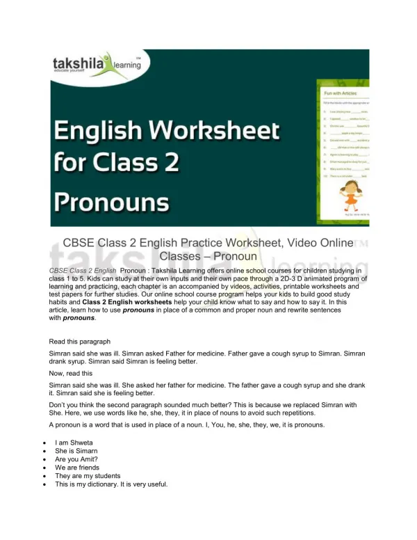 CBSE Class 2 English Practice Worksheet - Pronouns