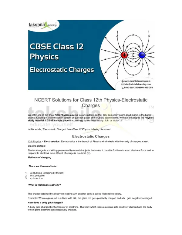 NCERT Solutions for Class 12th Physics-Electrostatic Charges