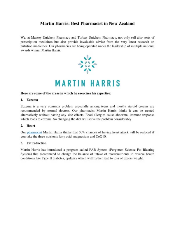 Martin Harris- Best Pharmacist in New Zealand