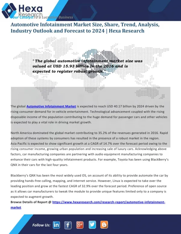 Automotive Infotainment Industry Analysis - Market Research Report , 2024