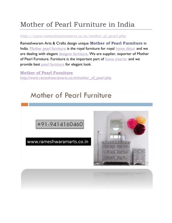 Mother of Pearl Furniture in India