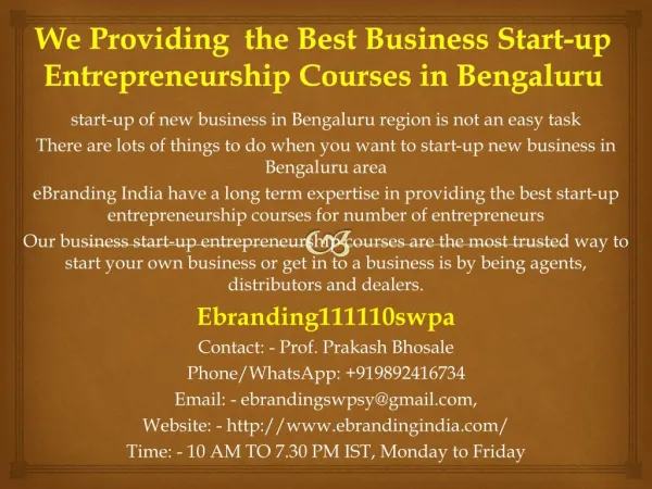 We Providing the Best Business Start-up Entrepreneurship Courses in Bengaluru