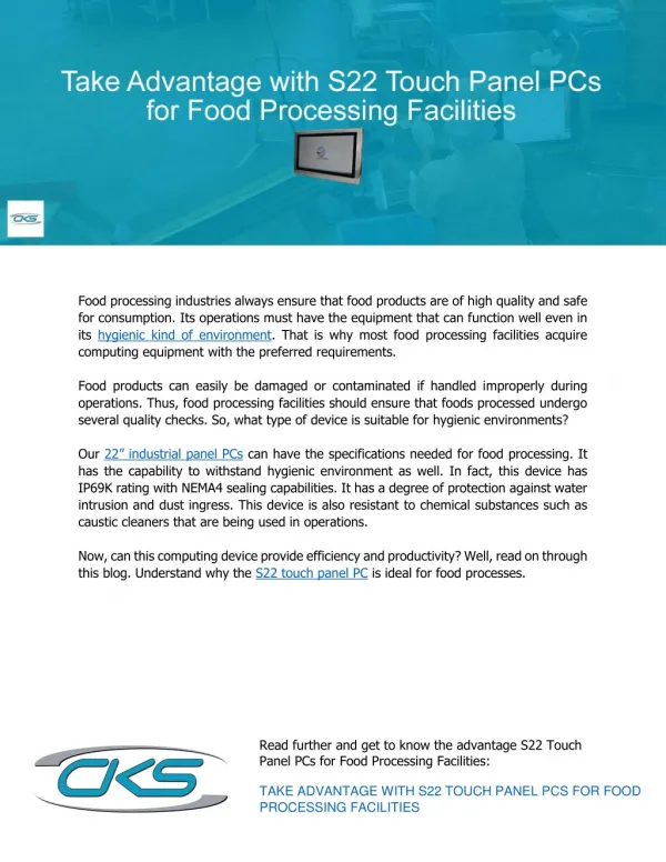 Take Advantage with S22 Touch Panel PCs for Food Processing Facilities