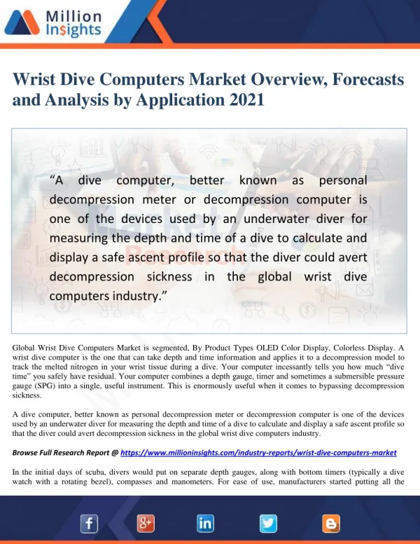 Wrist Dive Computers Market Size, Share, Trends and Growth, Segments 2021