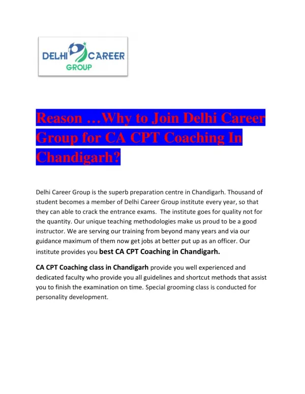 Reason …Why to Join Delhi Career Group for CA CPT Coaching In Chandigarh?