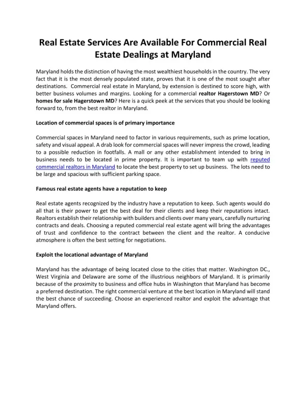 Real Estate Services Are Available for Commercial Real Estate Dealings at Maryland