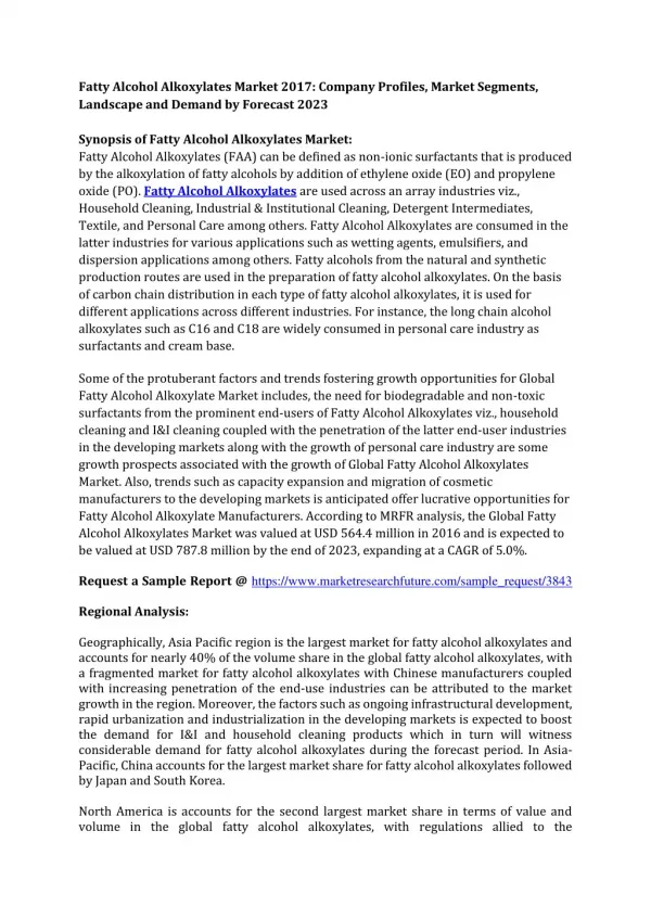 Fatty Alcohol Alkoxylates Market 2017: Regional Analysis, Key Players and Segments by Forecast to 2023